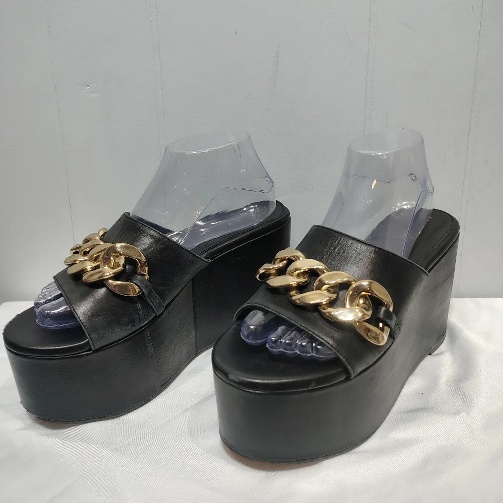 ALOHAS Black Leather Chunk Chain Platform‎ Sandals Wedge Mule Size 8 Revolve